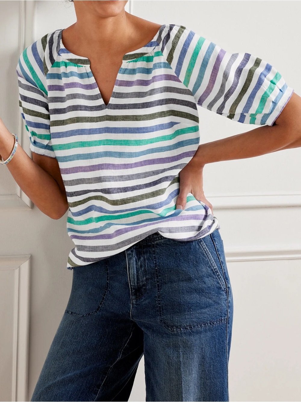 SUMMER SALE!Talbots Linen Striped Top Summer Popover Top Balloon Sleeves
